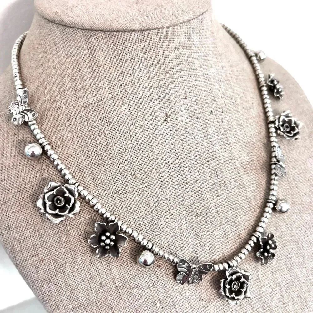 NWT Vtg Handmade 925 Sterling Silver Flower Butterfly Charm Necklace Silver OS